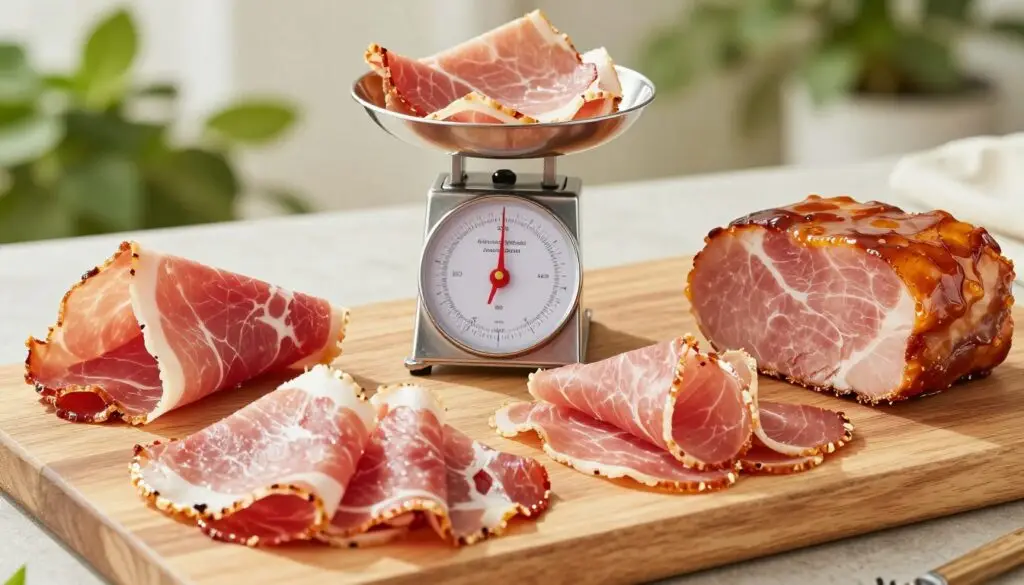 A detailed comparison of various slices of ham arranged on a wooden cutting board. In the foreground, showcase three distinct types of ham slices—prosciutto, smoked ham, and honey-glazed ham—each labeled with their respective calorie counts. In the middle, feature a small metallic scale displaying the weight of each ham sample, emphasizing the nutritional aspect. In the background, softly blurred greenery suggests freshness, with gentle natural lighting illuminating the textures of the ham. A shallow depth of field captures the vibrancy of the colors while keeping the focus on the ham slices and the scale. The atmosphere feels informative and inviting, suitable for a culinary exploration of nutritional values.