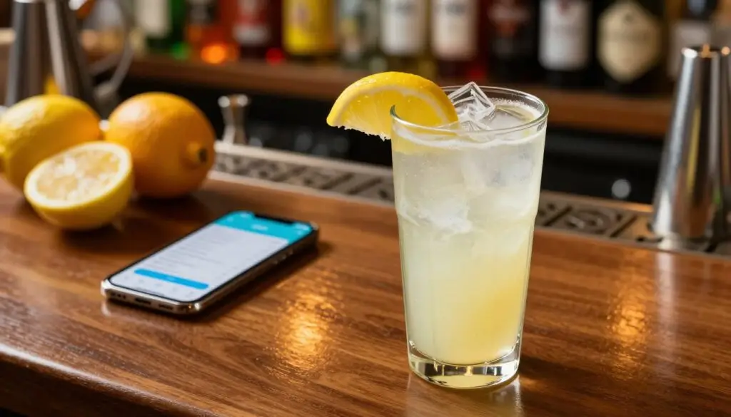 A detailed composition showcasing a vibrant bar scene focused on lemon vodka. In the foreground, a stylish glass of lemon vodka filled with ice, adorned with a fresh lemon wedge, reflects bright, warm lighting. The middle ground features a sleek wooden bar, with various fresh fruits and a calorie counter app open on a smartphone, illustrating the concept of tracking calories. In the background, shelves stocked with colorful bottles create an inviting atmosphere. Soft ambient lighting casts a warm glow, enhancing the mood of relaxation and indulgence. Use a slightly overhead angle to capture the drink and surrounding elements effectively, conveying a sense of balance in enjoying indulgent flavors while monitoring dietary goals. Ensure a professional and clean aesthetic, free of any distractions.