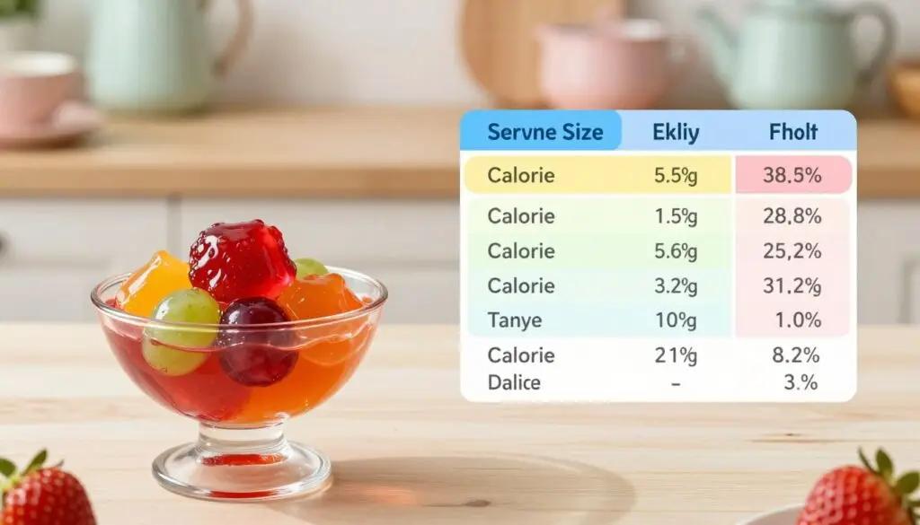 A detailed depiction of nutritional data for jelly, focusing on its calorie content. In the foreground, an elegant glass bowl filled with vibrant, multicolored jelly, glistening under soft, diffused lighting, showcasing different flavors like strawberry, grape, and orange. The middle ground features a neatly organized, colorful chart illustrating calorie information, with clear sections for serving size and nutritional details. In the background, a softly blurred kitchen setting, light-colored wooden countertops, and pastel-colored kitchenware to create a warm and inviting atmosphere. The scene should convey a sense of health and enjoyment, with a subtle glow to enhance the appeal of the jelly. The overall composition should maintain a clean and professional aesthetic without any overlay or text.