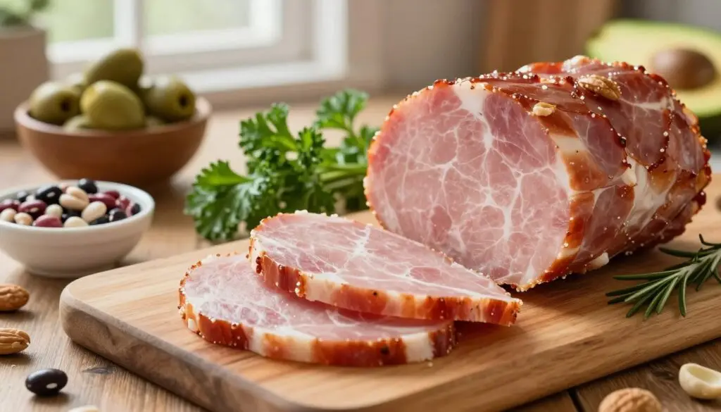 A detailed display of sliced ham on a wooden cutting board, showcasing its macronutrient composition. In the foreground, several pieces of ham reveal their pinkish-brown texture, glistening with a light sheen to accentuate freshness. Scattered around are small bowls of protein-rich foods like beans and nuts, and a bowl of healthy fats like olives and avocado. In the middle ground, soft green herbs like parsley and rosemary provide a vibrant contrast. The background features a rustic kitchen setting with warm wooden tones and natural light streaming in from a window, creating a cozy atmosphere. The camera angle is slightly above eye level, focusing on the ham and its nutritional accompaniments, inviting viewers to explore the delicious world of macronutrients in ham.