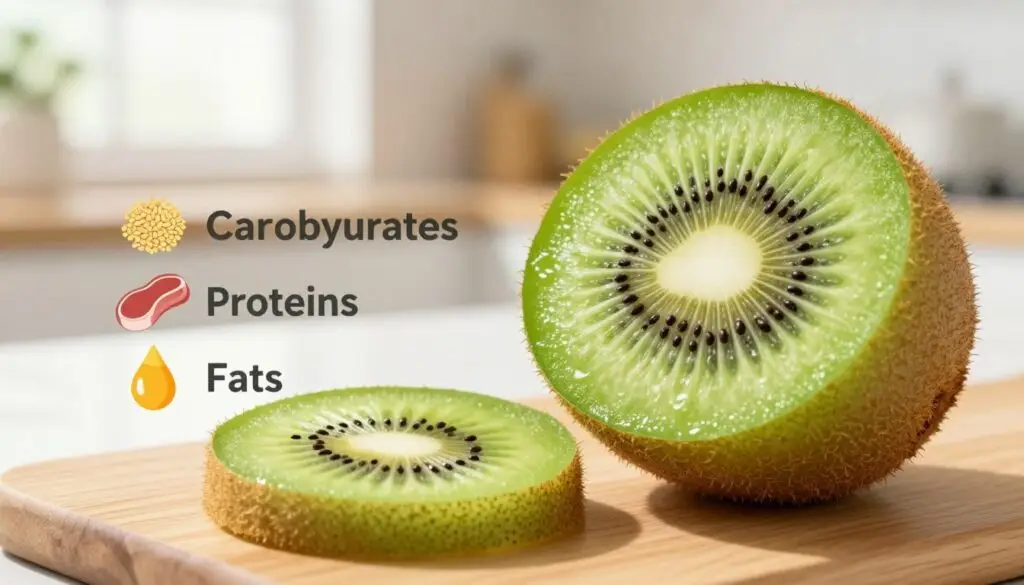 A detailed illustration of a sliced kiwi fruit on a wooden cutting board, showcasing its vibrant green flesh and tiny black seeds. The foreground features a close-up view of the kiwi halves, revealing the juicy texture and rich color. In the middle, arranged beside the kiwi, are graphical representations of its macronutrients: labels for carbohydrates, proteins, and fats, using colorful icons like grains for carbohydrates, a meat icon for proteins, and an oil drop for fats. The background consists of a blurred kitchen setting with soft, natural light filtering through a window, creating a fresh and wholesome atmosphere that emphasizes healthy eating. The overall mood is inviting and informative, capturing the essence of nutritious food.