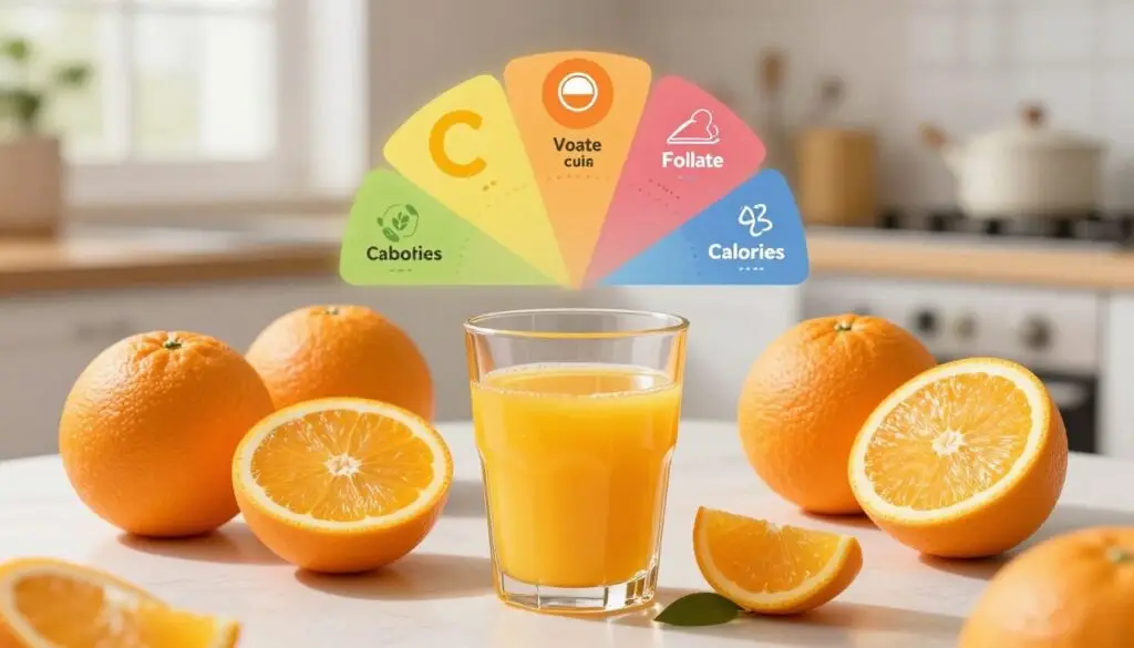 A detailed illustration of the nutritional components of orange juice, showcasing a glass of freshly squeezed orange juice in the foreground, filled to the brim with vibrant amber liquid. Surrounding the glass, arrange an array of fresh oranges, cut in half, revealing their juicy segments. In the middle, include a colorful chart or infographic that highlights key nutrients such as vitamin C, folate, potassium, and calories, designed in a visually appealing style. The background should be a softly blurred kitchen setting, filled with natural light streaming through a window, enhancing the fresh and healthy vibe of the scene. Use a warm color palette to convey a cheerful and inviting atmosphere, ideal for a wellness-focused article.
