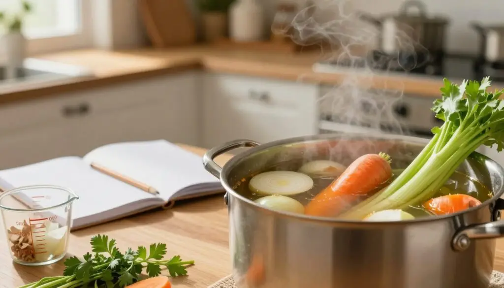 A detailed kitchen scene focused on the essential factors determining the calorie content of broth. In the foreground, a large pot of steaming homemade broth with vibrant vegetables like carrots, onions, and celery peeking through. Beside the pot, measuring cups and fresh herbs can be seen, illustrating nutritional elements. In the middle ground, a wooden table with a notebook and pencil, emphasizing the idea of recipe modification for calorie control. The background features a warm, inviting kitchen with soft, natural lighting filtering through a window, creating a cozy atmosphere. The lens captures the richness of the ingredients and the warmth of the kitchen, suggesting a nurturing cooking environment.