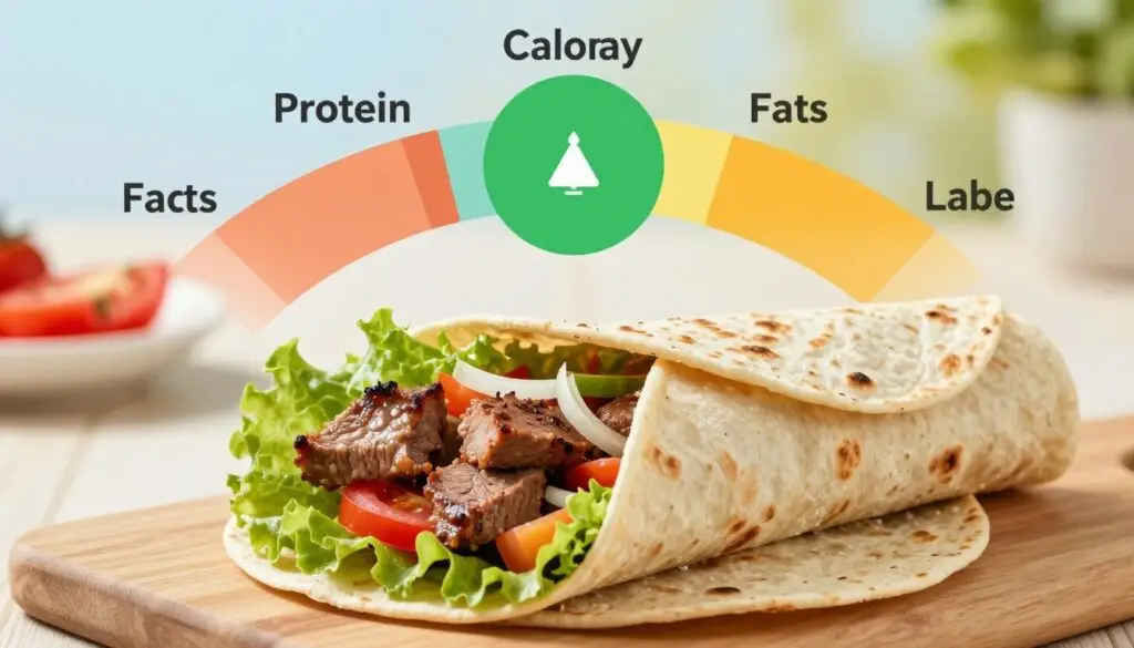 A detailed nutritional breakdown of a kebab wrapped in a tortilla, presented in an appealing infographic style. The foreground features a beautifully arranged kebab, loaded with colorful vegetables like lettuce, tomatoes, and onions, expertly combined with tender meat slices. In the middle ground, graphically represented nutritional values, such as calories, protein, fats, and carbohydrates, are illustrated in distinct segments around the kebab, using vibrant colors for easy readability. The background is a soft gradient, giving a warm and inviting atmosphere that enhances the food's vibrancy. The lighting is bright and natural, reminiscent of daylight, focusing on the kebab and nutritional data, showcasing a healthy and appetizing meal.