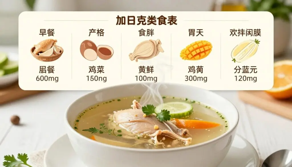 A detailed, visually appealing nutritional breakdown of homemade chicken broth, presented on a clean, white table. In the foreground, a beautifully arranged plate with a bowl of clear, steaming chicken broth garnished with fresh herbs and slices of vegetables, emphasizing its deliciousness. In the middle background, an infographic-style layout displaying various nutritional components such as calories, protein, fat, and vitamins, creatively illustrated with vivid colors and icons representing each nutrient. Soft, natural lighting highlights the textures of the broth and ingredients, creating a warm and inviting atmosphere. The scene is shot at a slight angle to add depth, focusing on the freshness and wholesome essence of homemade chicken broth, without any text or overlays.