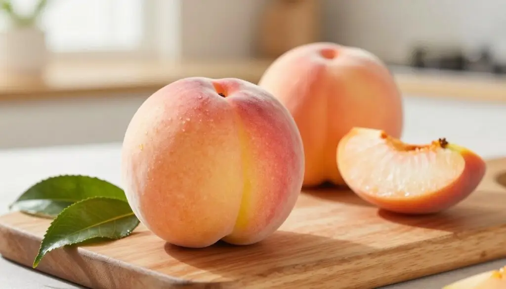 A fresh, vibrant nectarine sits prominently in the foreground, showcasing its smooth, blush-toned skin with delicate yellow accents. The fruit's subtle sheen catches the soft natural light, highlighting its inviting texture. In the middle ground, a rustic wooden cutting board complements the nectarine, adding an organic feel. Scattered around, there are a few green leaves and a slice of the fruit, revealing its juicy, pale-orange flesh, emphasizing its low-calorie, healthy attributes. The background features a softly blurred kitchen setting, with warm, inviting light filtering in through a window, creating a cozy atmosphere. The overall mood is fresh and healthy, ideal for conveying the essence of a low-calorie fruit. Use a shallow depth of field to draw focus to the nectarine. A fresh, vibrant nectarine sits prominently in the foreground, showcasing its smooth, blush-toned skin with delicate yellow accents. The fruit's subtle sheen catches the soft natural light, highlighting its inviting texture. In the middle ground, a rustic wooden cutting board complements the nectarine, adding an organic feel. Scattered around, there are a few green leaves and a slice of the fruit, revealing its juicy, pale-orange flesh, emphasizing its low-calorie, healthy attributes. The background features a softly blurred kitchen setting, with warm, inviting light filtering in through a window, creating a cozy atmosphere. The overall mood is fresh and healthy, ideal for conveying the essence of a low-calorie fruit. Use a shallow depth of field to draw focus to the nectarine.