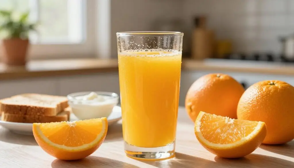 A glass of freshly squeezed orange juice sits prominently in the foreground, glistening with condensation, reflecting the morning sunlight. Surrounding the glass are vibrant, whole oranges and a few orange slices artistically arranged, showcasing their bright color and texture. In the middle ground, a healthy breakfast spread is partially visible, including whole grain toast and a small bowl of yogurt, hinting at a nutritious start to the day. The background is softly blurred, featuring a sunny kitchen with potted plants and light streaming through a window, creating a warm and inviting atmosphere. The scene evokes a sense of vitality and health, emphasizing the benefits of consuming orange juice regularly. The lighting is bright and natural, with a focus on the freshness of the juice and the surrounding elements.