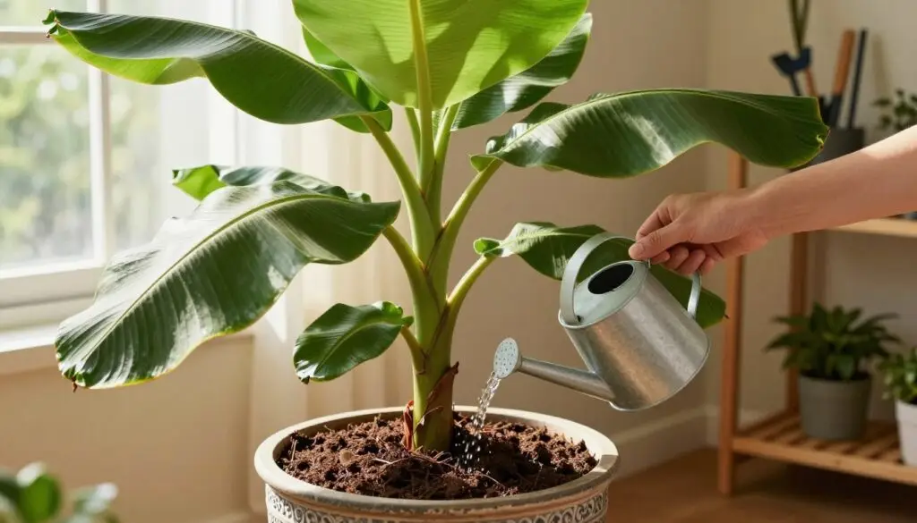 A lush and vibrant indoor scene featuring a healthy banana plant (Musa Acuminata) in a decorative pot filled with rich, dark potting soil. In the foreground, a hand gently waters the plant using a stylish watering can, emphasizing the nurturing aspect of care. The banana plant displays large, green, glossy leaves, creating a tropical feel. In the middle ground, soft sunlight filters through a nearby window, casting gentle shadows and highlighting the textures of the soil and leaves. The background should feature a cozy room with warm colors, maybe some gardening tools or a small plant shelf, enhancing the atmosphere of a nurturing home for the banana plant. The overall mood is serene and inviting, perfect for illustrating the care and attention required for growing a banana plant in a pot. A lush and vibrant indoor scene featuring a healthy banana plant (Musa Acuminata) in a decorative pot filled with rich, dark potting soil. In the foreground, a hand gently waters the plant using a stylish watering can, emphasizing the nurturing aspect of care. The banana plant displays large, green, glossy leaves, creating a tropical feel. In the middle ground, soft sunlight filters through a nearby window, casting gentle shadows and highlighting the textures of the soil and leaves. The background should feature a cozy room with warm colors, maybe some gardening tools or a small plant shelf, enhancing the atmosphere of a nurturing home for the banana plant. The overall mood is serene and inviting, perfect for illustrating the care and attention required for growing a banana plant in a pot.