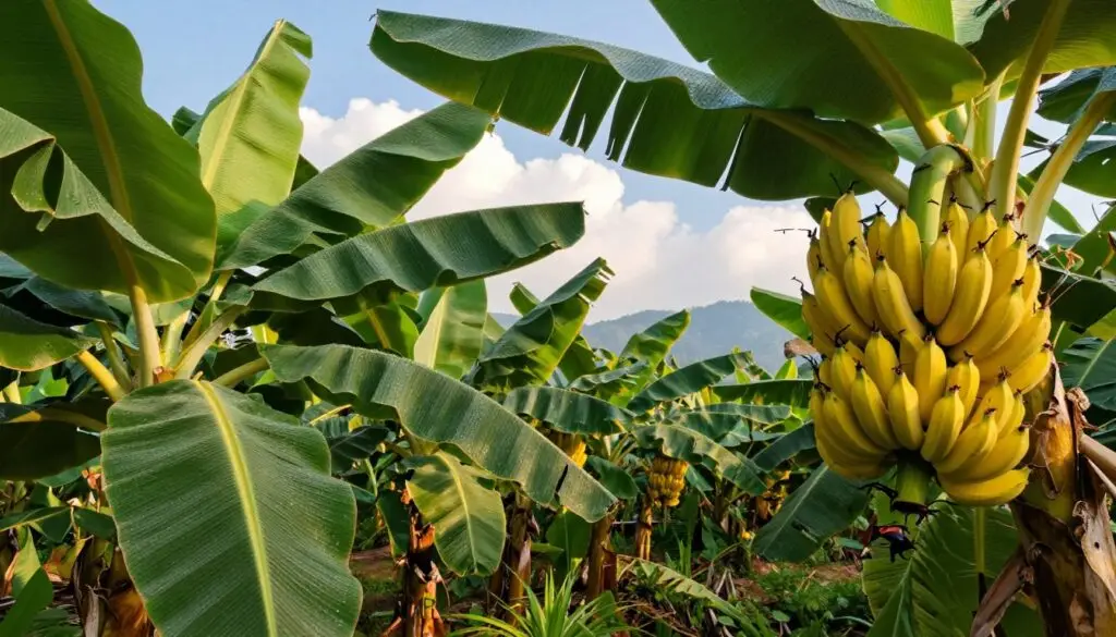 A lush tropical landscape showcasing a vibrant banana plantation focused on the 'Musa Acuminata' banana plants. In the foreground, large green banana leaves glisten with dew drops, while ripe yellow bananas dangle from the stems. The middle ground features rows of healthy banana plants, their broad leaves arching gracefully under warm sunlight. In the background, distant mountains and a clear blue sky add depth to the scene, with fluffy white clouds floating gently. Utilize soft natural lighting to create a warm and inviting atmosphere, highlighting the lush greenery. The composition should evoke a sense of tranquility and abundance, capturing the essence of successful banana cultivation. A lush tropical landscape showcasing a vibrant banana plantation focused on the 'Musa Acuminata' banana plants. In the foreground, large green banana leaves glisten with dew drops, while ripe yellow bananas dangle from the stems. The middle ground features rows of healthy banana plants, their broad leaves arching gracefully under warm sunlight. In the background, distant mountains and a clear blue sky add depth to the scene, with fluffy white clouds floating gently. Utilize soft natural lighting to create a warm and inviting atmosphere, highlighting the lush greenery. The composition should evoke a sense of tranquility and abundance, capturing the essence of successful banana cultivation.