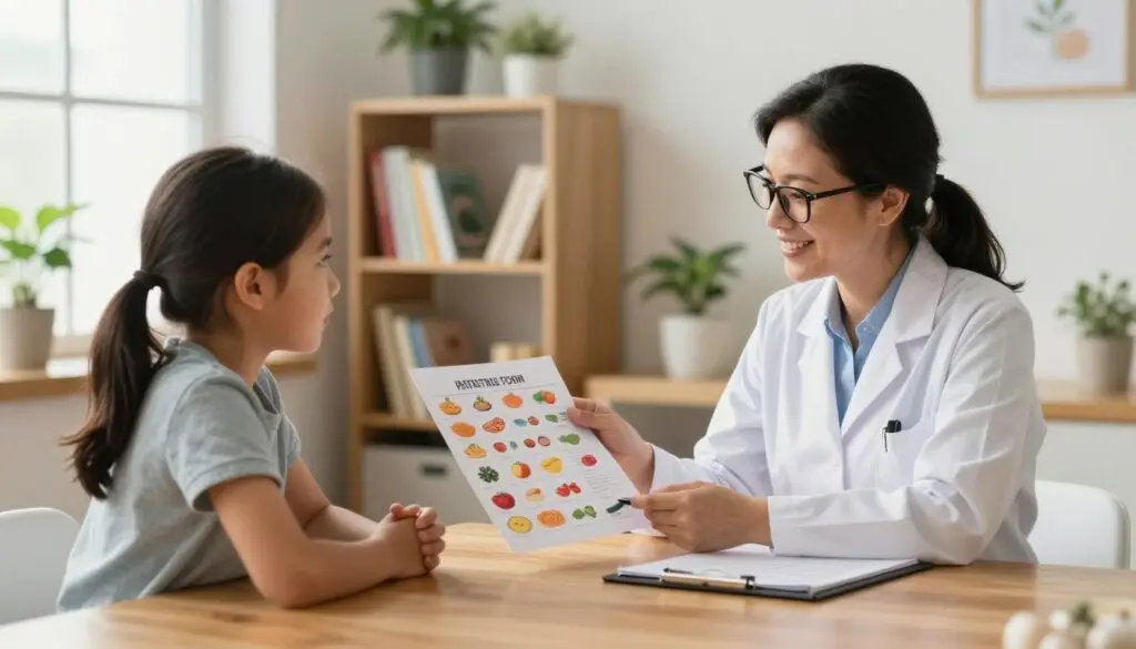 A pediatric dietitian in a bright, welcoming office, sitting across a polished wooden table from a concerned parent. The dietitian, a middle-aged woman with glasses and a warm smile, is reviewing a colorful food chart and dietary guidelines. The parent, a young mother in modest casual clothing, listens intently, looking engaged and curious. In the background, shelves are filled with healthy cookbooks and a few potted plants, creating a comforting atmosphere. Soft, natural light filters through a large window, casting a gentle glow over the scene. The angle is slightly above eye level, focusing on the interaction and expressions, evoking a mood of professionalism and reassurance in this important consultation about children's nutrition.