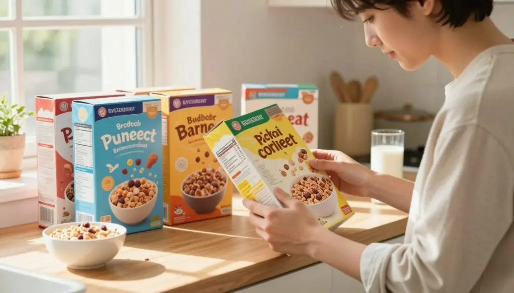 A person casually reading labels on various cereal boxes in a well-lit kitchen. In the foreground, a young adult in modest casual clothing, with a focused expression, closely examines the nutrition facts on a colorful cereal box. In the middle, several cereal boxes are arranged, showcasing their vibrant packaging and nutritional information, highlighting healthy ingredients. The background features a bright kitchen setting with sunlight streaming in through a window, casting soft shadows. A bowl of cereal and a glass of milk on a wooden countertop add a cozy touch. The overall mood is informative and relaxed, encouraging healthy dietary choices. A person casually reading labels on various cereal boxes in a well-lit kitchen. In the foreground, a young adult in modest casual clothing, with a focused expression, closely examines the nutrition facts on a colorful cereal box. In the middle, several cereal boxes are arranged, showcasing their vibrant packaging and nutritional information, highlighting healthy ingredients. The background features a bright kitchen setting with sunlight streaming in through a window, casting soft shadows. A bowl of cereal and a glass of milk on a wooden countertop add a cozy touch. The overall mood is informative and relaxed, encouraging healthy dietary choices.