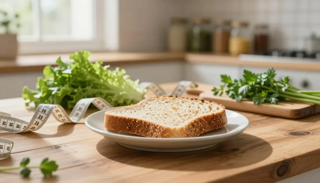 A picturesque kitchen scene where a small, perfectly plated slice of whole-grain bread is the focal point, placed on a rustic wooden table. Surrounding the bread, fresh greens like lettuce and herbs, with a measuring tape artistically draped nearby to symbolize dietary considerations. Soft, warm natural light filters through a window, casting gentle shadows that create an inviting atmosphere. In the background, blurred shelves with jars of healthy ingredients hint at a balanced diet. The mood is optimistic and nurturing, encouraging a healthy lifestyle without deprivation. The angle captures the slice of bread front and center, emphasizing its importance in the context of weight management. A picturesque kitchen scene where a small, perfectly plated slice of whole-grain bread is the focal point, placed on a rustic wooden table. Surrounding the bread, fresh greens like lettuce and herbs, with a measuring tape artistically draped nearby to symbolize dietary considerations. Soft, warm natural light filters through a window, casting gentle shadows that create an inviting atmosphere. In the background, blurred shelves with jars of healthy ingredients hint at a balanced diet. The mood is optimistic and nurturing, encouraging a healthy lifestyle without deprivation. The angle captures the slice of bread front and center, emphasizing its importance in the context of weight management.