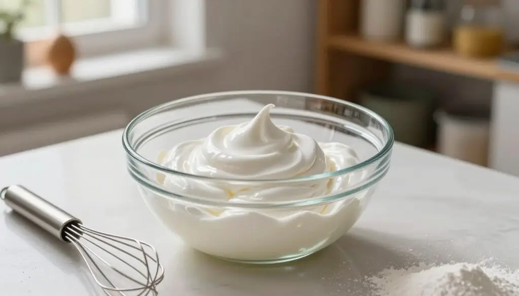A pristine kitchen countertop features perfectly whipped egg whites, showcasing their glossy peaks in a glass bowl illuminated by soft, natural light streaming through a window. In the foreground, a stainless steel whisk and a few scattered ingredients like sugar and flour hint at the baking process. The middle ground highlights the delicate texture of the egg whites, capturing the light reflecting off their surface. In the background, blurred shelves filled with various baking tools and ingredients create a warm, inviting atmosphere. The mood is one of culinary passion and precision, emphasizing the importance of mastering the art of creating ideal egg whites for dessert success. The scene is shot from a slight overhead angle to reveal the bowl's contents clearly while maintaining a cozy kitchen ambiance.