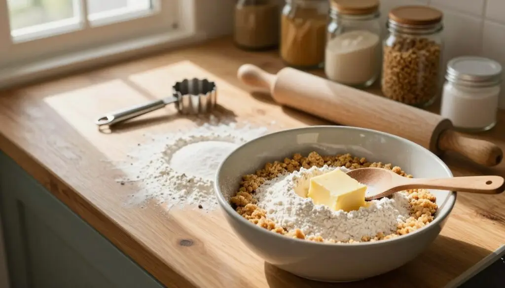 A rustic wooden kitchen counter is filled with ingredients for a cake base and crumble. In the foreground, a large mixing bowl holds golden flour, sugar, and softened butter, with a wooden spoon resting beside it. A delicate dusting of flour is visible on the counter. In the middle ground, a pastry cutter and a rolling pin are ready for use, while the background features sunlight streaming through a window, illuminating jars of baking ingredients. The scene evokes a warm and inviting atmosphere, ideal for a baking session. The lighting is soft and natural, casting gentle shadows, creating a sense of comfort and homeliness. Capture this scene with a slightly overhead angle to encompass all the elements visually.