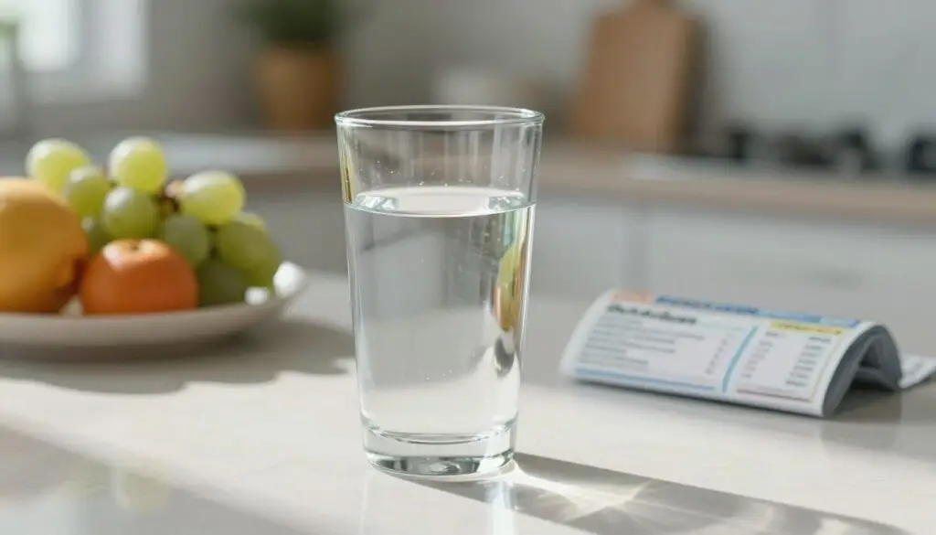 A scientific illustration featuring a close-up of a glass of clear water on a reflective surface, symbolizing the lack of calories in water. In the foreground, the glass sparkles under natural sunlight, casting gentle reflections around it. In the middle ground, a soft-focus background shows a kitchen setting with fruits and a small pile of nutrition labels, conveying the idea of healthy choices. Ambient lighting creates a calm and informative atmosphere, highlighting the purity of the water. The composition has a clean, professional aesthetic with a slight depth of field, emphasizing the glass of water while keeping the surrounding items subtly in context. No text, captions, or signatures are included. A scientific illustration featuring a close-up of a glass of clear water on a reflective surface, symbolizing the lack of calories in water. In the foreground, the glass sparkles under natural sunlight, casting gentle reflections around it. In the middle ground, a soft-focus background shows a kitchen setting with fruits and a small pile of nutrition labels, conveying the idea of healthy choices. Ambient lighting creates a calm and informative atmosphere, highlighting the purity of the water. The composition has a clean, professional aesthetic with a slight depth of field, emphasizing the glass of water while keeping the surrounding items subtly in context. No text, captions, or signatures are included.