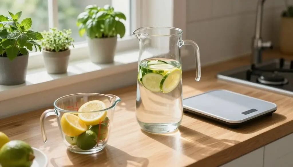 A serene kitchen scene featuring a clear glass pitcher filled with fresh tap water, sitting on a wooden countertop. In the foreground, a measuring cup filled with various colorful fruits like lemon, lime, and cucumber is being prepared for infusion. A weight scale is positioned to the side, emphasizing the theme of weight control. In the middle background, sunlight pours through a window, casting gentle shadows and creating a warm atmosphere. Potted herbs like mint and basil can be seen on the windowsill, adding to the fresh and healthy vibe. The angle of the shot is slightly above eye level, giving a comprehensive view of the countertop and enhancing the inviting feel of the space. A serene kitchen scene featuring a clear glass pitcher filled with fresh tap water, sitting on a wooden countertop. In the foreground, a measuring cup filled with various colorful fruits like lemon, lime, and cucumber is being prepared for infusion. A weight scale is positioned to the side, emphasizing the theme of weight control. In the middle background, sunlight pours through a window, casting gentle shadows and creating a warm atmosphere. Potted herbs like mint and basil can be seen on the windowsill, adding to the fresh and healthy vibe. The angle of the shot is slightly above eye level, giving a comprehensive view of the countertop and enhancing the inviting feel of the space.