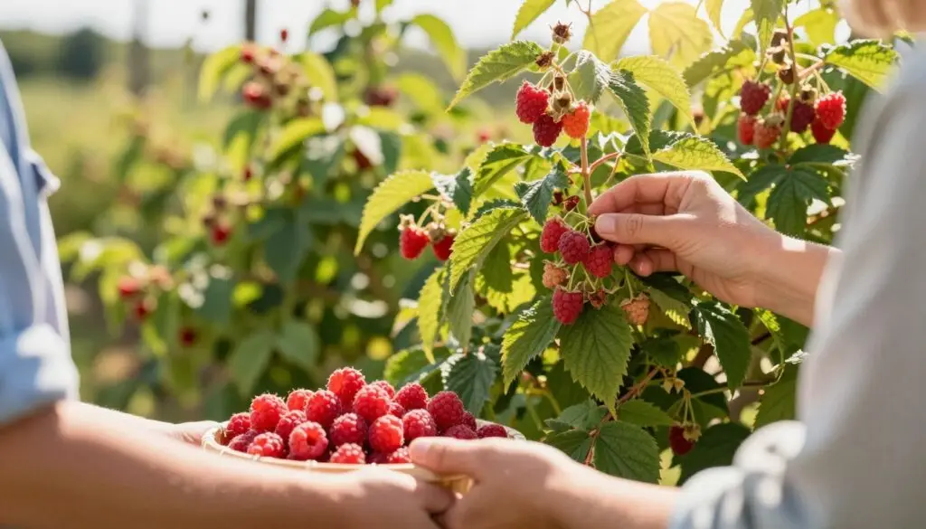 A serene outdoor scene depicting the joyful act of raspberry picking for making jam. In the foreground, a close-up of a person with modest casual clothing carefully selecting ripe, vibrant red raspberries from lush green bushes. Their hands are gently holding a basket filled with freshly picked berries, showcasing a sense of care and attention. In the middle ground, idyllic raspberry bushes laden with fruit create a vivid tapestry of greens and reds, hinting at the bountiful harvest. The background features a soft, blurred landscape of a sunny garden, with sunlight filtering through leaves, creating a warm, inviting atmosphere. The lighting is natural and bright, capturing the essence of a lovely summer day perfect for fruit picking.