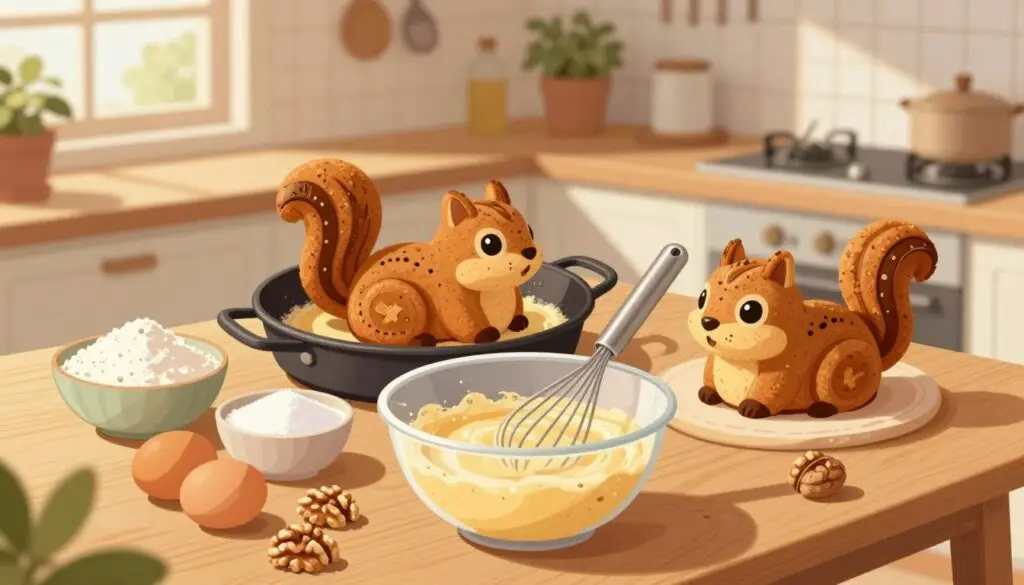 A step-by-step illustrated recipe for "Squirrel Cake," showcasing the preparation process. In the foreground, a beautifully arranged wooden table with ingredients: flour, sugar, eggs, and walnuts, neatly displayed in bowls. A mixing bowl with a whisk sits in the center, actively mixing a batter. In the middle, a pan with a freshly baked squirrel-shaped cake emerges from the oven, golden brown, with amusing details like nut eyes and chocolate accents. In the background, a cozy kitchen setting with softly lit warm tones, hanging utensils, and potted plants adding life. The atmosphere is inviting and cheerful, perfect for baking, with soft natural lighting filtering through a window, casting gentle shadows. A top-down view captures the scene effectively, enticing viewers to follow the baking journey.