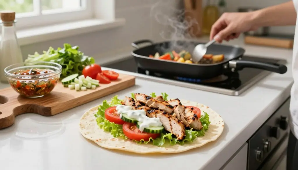 A step-by-step preparation of a lower-calorie kebab in a tortilla, showcasing an organized kitchen countertop. In the foreground, a healthy tortilla filled with grilled chicken strips, colorful fresh vegetables like lettuce, tomatoes, and cucumbers, and a drizzle of yogurt sauce. In the middle ground, a chopping board with chopped ingredients, a bowl of marinade, and a grill pan sizzling with vegetables. The background features a tidy kitchen, well-lit with natural light streaming through a window, creating a warm, inviting atmosphere. The focus is clear on the kebab assembly process, capturing the essence of healthy cooking, with a slight depth of field effect to emphasize the foreground details.