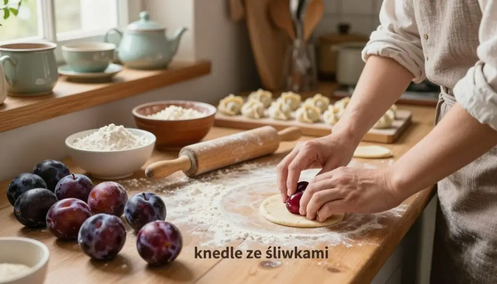 A step-by-step preparation scene of making "knedle ze śliwkami," featuring a rustic kitchen countertop filled with fresh plums, flour, and other ingredients. In the foreground, hands of a person in modest casual clothing are skillfully shaping the dough around the plums. The middle ground showcases a rolling pin, bowls of flour, and a few completed dumplings ready for cooking. The background displays vintage kitchen utensils on wooden shelves and a cozy kitchen window with soft, natural light streaming in, creating a warm, inviting atmosphere. The image should evoke a sense of tradition and homey comfort, with a focus on the meticulous process of making these delightful dumplings.