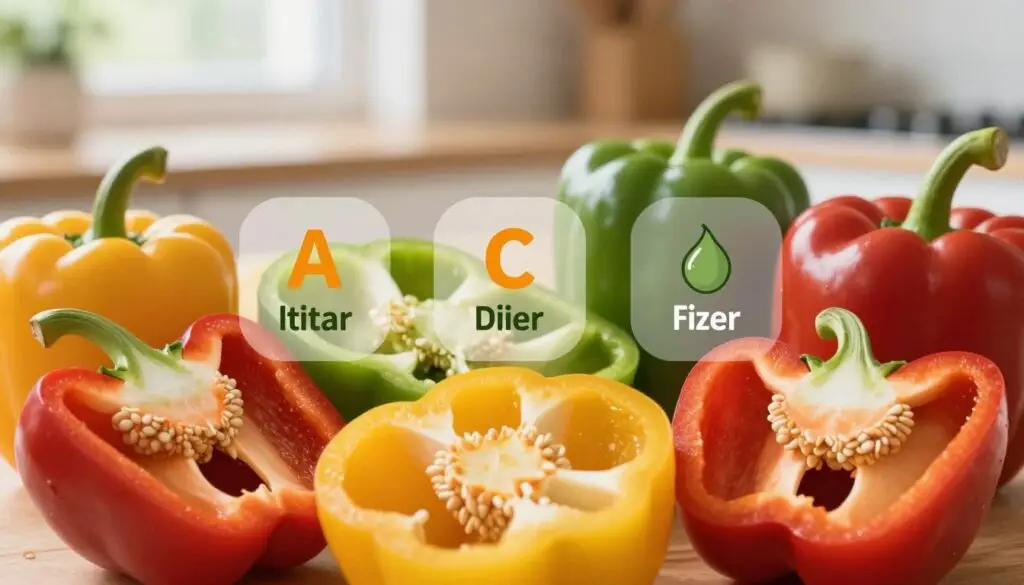 A vibrant and colorful arrangement of various types of bell peppers, showcasing their nutritional values. In the foreground, feature a mix of red, yellow, and green peppers, sliced open to reveal their juicy interiors, with focus on seeds and flesh. In the middle, subtly incorporate infographics or illustrations highlighting key nutrients like vitamins A, C, and dietary fiber, ensuring they blend naturally into the composition. The background should include a soft-focus kitchen setting, with natural light streaming through a window, creating a warm and inviting atmosphere. Use a macro lens perspective to capture intricate details of the peppers, evoking a sense of freshness and health. The overall mood should be cheerful and energizing, emphasizing the goodness of incorporating bell peppers into a diet.
