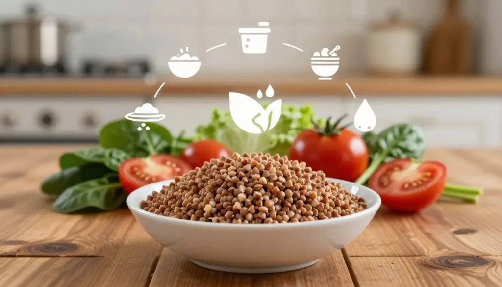 A vibrant and detailed arrangement featuring cooked buckwheat in an elegant bowl, surrounded by fresh vegetables like tomatoes and spinach, representing the health benefits of buckwheat. In the foreground, the bowl is placed on a rustic wooden table, reflecting the warmth of natural cooking. The middle ground showcases an attractive layout of nutritional elements like protein and fiber icons artfully integrated with the food arrangement. The background features a softly blurred kitchen setting with warm, inviting lighting that creates a cozy atmosphere. The image captures a sense of healthfulness and vitality, emphasizing the nutritious and wholesome qualities of buckwheat in a visually appealing manner. Use soft focus on the edges to keep the attention on the dish and the surrounding ingredients.