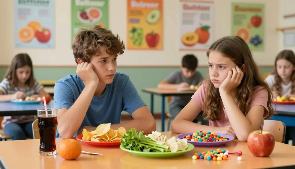 A vibrant and detailed scene depicting common nutritional mistakes among teenagers. In the foreground, a teenage boy and girl, dressed in casual yet appropriate clothing, are sitting at a colorful table overflowing with unhealthy snacks such as chips, soda, and candy. Their expressions reflect confusion and regret as they glance at healthy food options displayed on a contrasting plate nearby. The middle ground features a school cafeteria with posters promoting balanced diets and fruits, creating an educational atmosphere. In the background, warm lighting emphasizes an inviting yet cautionary mood, symbolizing the clash between unhealthy choices and nutrition education. The angle captures both the teenagers and the surrounding environment, highlighting the importance of making better food decisions in adolescence.