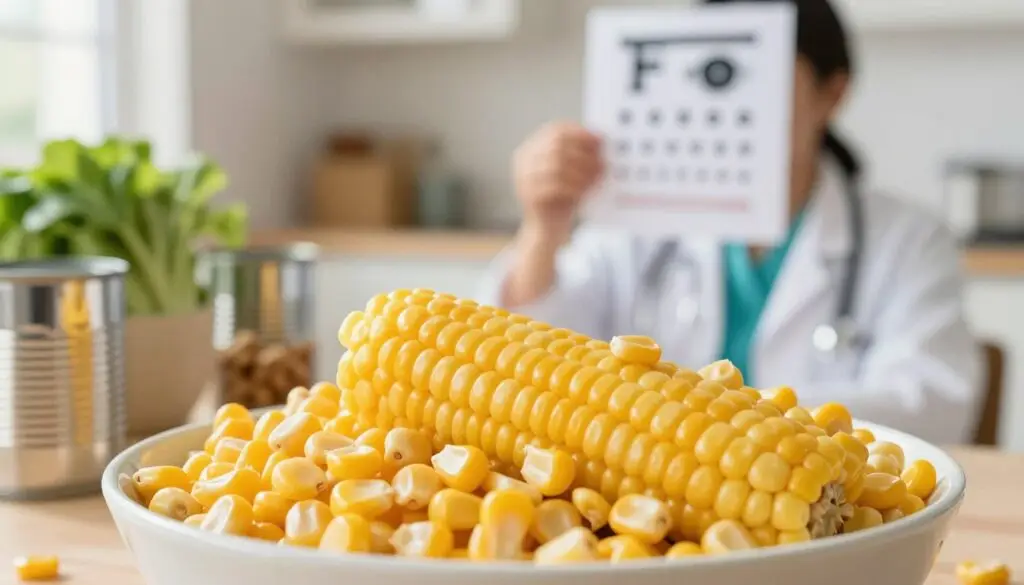 A vibrant and informative composition focusing on the health impact of canned corn on eye health. In the foreground, a close-up of a variety of canned corn in a bowl, showcasing the different colors and textures of the kernels. Filtered sunlight gently illuminates the bowl, revealing a subtle sheen on the corn. In the middle ground, a healthcare professional in smart casual attire examines an eye chart, conveying the connection between diet and eye health. The background features a blurred kitchen setting with health-focused ingredients like leafy greens and nuts, suggesting a wholesome diet. The mood is bright and optimistic, emphasizing nutrition and well-being, with warm lighting that invites curiosity about healthy eating.