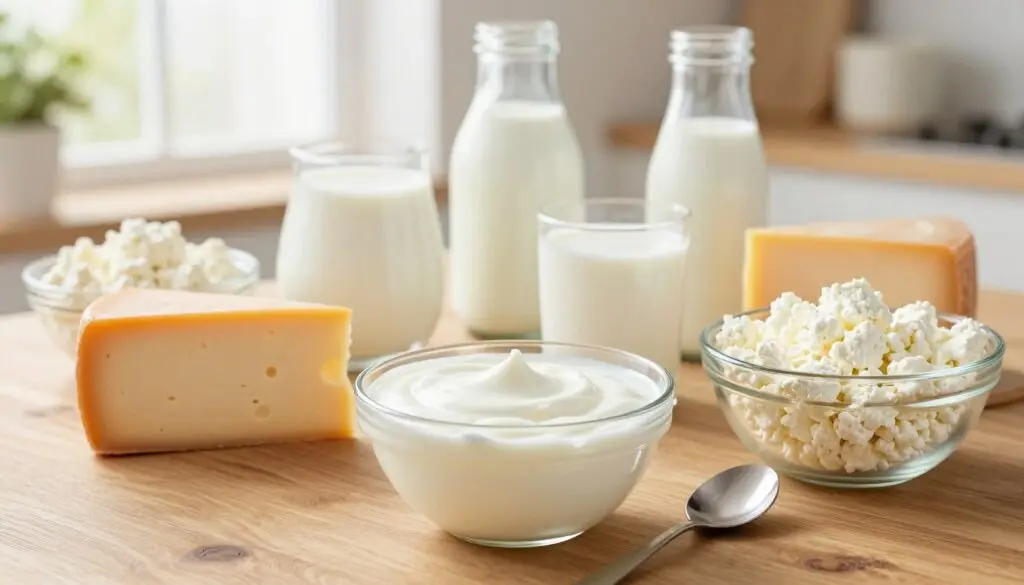 A vibrant and informative composition showcasing a variety of dairy products for comparison, including a bowl of natural yogurt at the forefront, surrounded by cheese, milk, and cottage cheese in an appealing arrangement. The foreground features a wooden table with a spoon beside the yogurt, and the middle ground includes a stylish display of the other dairy products in elegant glass containers. In the background, soft, natural light filters through a window, creating a warm and inviting atmosphere. The scene should evoke a sense of health and wellness, highlighting the role of yogurt in a balanced diet. The angle should be slightly elevated to capture all elements clearly, focusing on the textures and colors of the food items. No text or branding should be included.