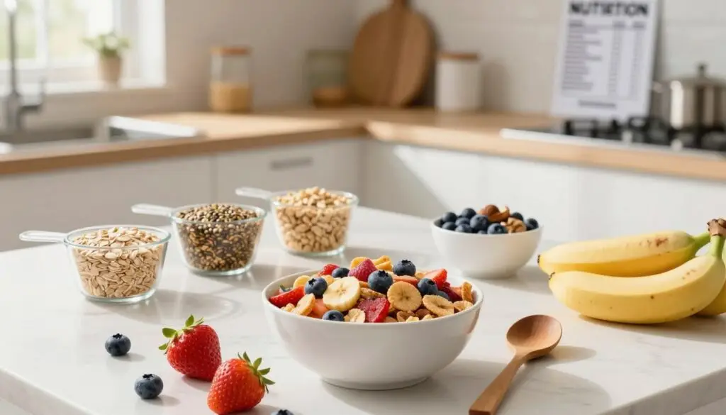 A vibrant and informative composition showcasing the nutritional values of breakfast cereals. In the foreground, a bowl of colorful cereal surrounded by fresh fruit like strawberries, bananas, and blueberries, with a wooden spoon resting beside it. In the middle ground, a clean and minimalistic kitchen counter featuring measuring cups filled with oats, seeds, and nuts, emphasizing the diversity of nutrients. The background showcases a softly lit kitchen with sunlight streaming in, highlighting the freshness of the ingredients, and a nutrition label infographic subtly displayed on the wall. Soft shadows create a warm and inviting atmosphere, emphasizing health and wellness. This image captures the essence of nutrition analysis, without any text or watermarks. A vibrant and informative composition showcasing the nutritional values of breakfast cereals. In the foreground, a bowl of colorful cereal surrounded by fresh fruit like strawberries, bananas, and blueberries, with a wooden spoon resting beside it. In the middle ground, a clean and minimalistic kitchen counter featuring measuring cups filled with oats, seeds, and nuts, emphasizing the diversity of nutrients. The background showcases a softly lit kitchen with sunlight streaming in, highlighting the freshness of the ingredients, and a nutrition label infographic subtly displayed on the wall. Soft shadows create a warm and inviting atmosphere, emphasizing health and wellness. This image captures the essence of nutrition analysis, without any text or watermarks.