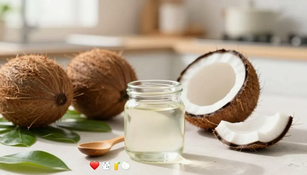 A vibrant and informative depiction of coconut oil's health properties. In the foreground, display a glass jar of coconut oil with a small wooden spoon beside it, surrounded by fresh coconuts and coconut slices. Include a small selection of health-related elements, such as a heart icon and symbols representing immunity and energy. In the middle ground, feature a subtle arrangement of green tropical leaves, which adds freshness. The background should be a softly blurred kitchen environment, with warm, natural light streaming in, creating a cozy and inviting atmosphere. Capture the essence of wellness and vitality, emphasizing coconut oil's benefits. Use a soft focus effect to enhance the mood, reflecting the theme of health and nutrition.