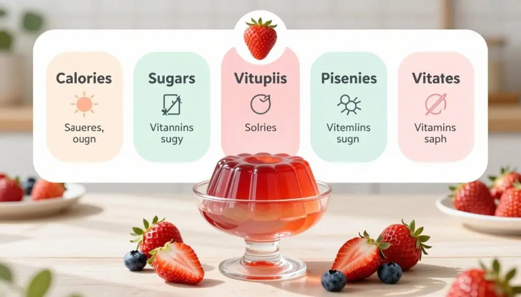A vibrant and informative display of jelly nutritional values in a visually engaging layout. In the foreground, a clear, colorful jelly dessert is presented in an elegant glass bowl, with fruits like strawberries and blueberries artfully arranged around it. The middle section features a creative infographic style, showcasing nutritional elements like calories, sugars, and vitamins, set against a soft pastel background that enhances readability. The background consists of a light kitchen setting with hints of a wooden table and subtle plants, creating a fresh and inviting atmosphere. The lighting is bright and natural, casting soft shadows to highlight the textures of the jelly and fruits. Overall, the mood should be cheerful and educational, emphasizing the nutritional aspects of jelly in a visually appealing manner.