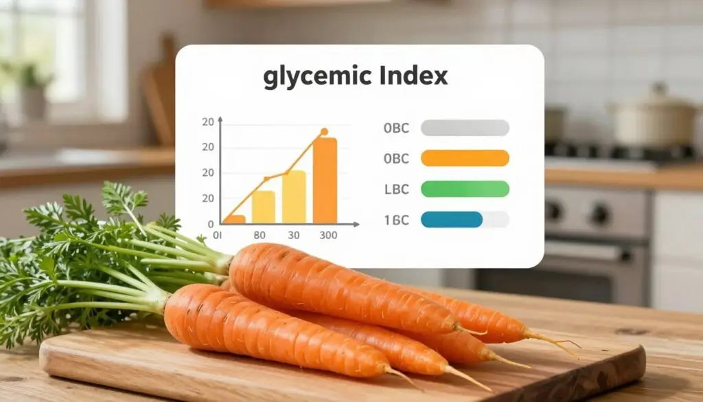 A vibrant and informative illustration depicting the glycemic index of carrots. In the foreground, prominently feature fresh, bright orange carrots with lush green tops, arranged aesthetically on a wooden cutting board. The middle ground displays a clean, concise infographic that visually represents the glycemic index, using clear, engaging graphs and color-coded scales. The background is softly blurred, showcasing a rustic kitchen setting with natural light pouring in, creating a warm and inviting atmosphere. The mood should be educational yet approachable, emphasizing health and nutrition. Use a high-definition lens effect to highlight the textures of the carrots and the clarity of the infographic, ensuring the entire composition feels harmonious and visually compelling.