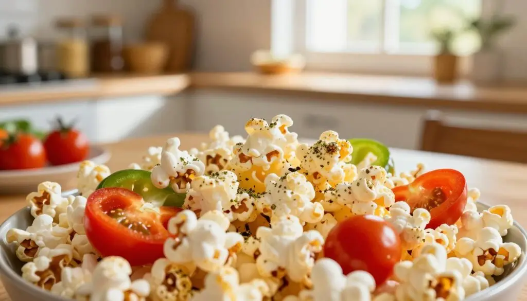 A vibrant and inviting scene showcasing healthy popcorn as a nutritious snack. In the foreground, a bowl of freshly popped popcorn is overflowing, with kernels lightly dusted in nutritional toppings like herbs and spices. Interspersed among the popcorn are bright, colorful vegetables like cherry tomatoes and slices of bell peppers, symbolizing healthy snacking choices. In the middle ground, a wooden table is set against a warm kitchen backdrop, with sunlight streaming in through a window, creating a cozy atmosphere. The background features a shelf with jars of wholesome ingredients, emphasizing a health-conscious lifestyle. The image should capture a sense of freshness and wellness, with a focus on the appealing textures and colors of the food.