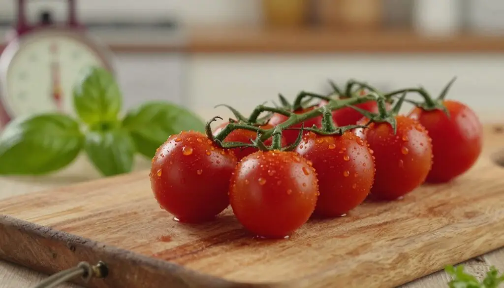 A vibrant close-up of a cluster of cherry tomatoes resting elegantly on a rustic wooden cutting board, showcasing their rich red color and dewdrops glistening on the surface to emphasize freshness. In the foreground, a small vintage scale can be partially visible, hinting at the weight measurement, while the tomatoes are arranged artistically. In the middle ground, soft green herbs like basil or parsley provide a contrast in color. The background features a softly blurred kitchen setting, with warm lighting creating an inviting atmosphere. The focus should be sharp on the tomatoes, accentuating their texture and juiciness, while maintaining a soft bokeh effect around the edges to evoke a cozy culinary mood.