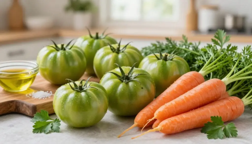 A vibrant composition showcasing fresh ingredients for a green tomato and carrot salad. In the foreground, arrange ripe green tomatoes with a glossy sheen, alongside crisp, orange carrots with leafy tops. Include a sprinkle of fresh herbs like parsley and dill for color. In the middle, display a rustic wooden cutting board to provide texture, with a small bowl of olive oil and a pinch of salt. The background features a softly blurred kitchen scene with warm, natural lighting filtering through a window, creating a cozy atmosphere. Capture this scene from a slightly elevated angle, emphasizing the freshness and inviting nature of the ingredients. The mood is bright, cheerful, and conducive to healthy eating.
