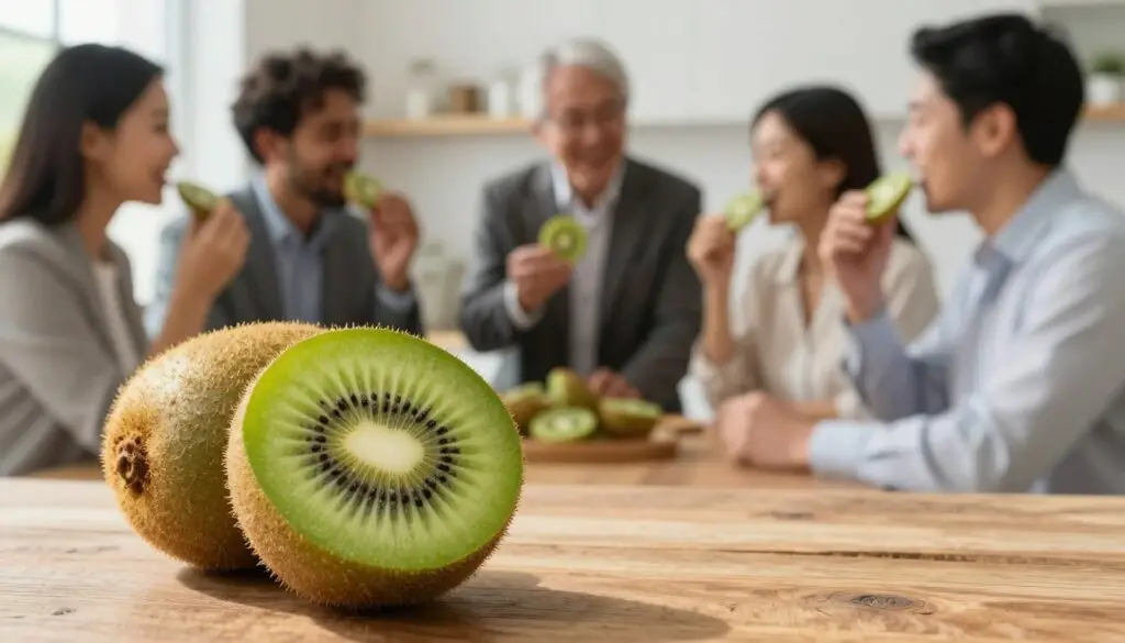 A vibrant composition showcasing the health benefits of kiwi fruit. In the foreground, a fresh, sliced kiwi reveals its juicy green flesh and tiny black seeds, set on a rustic wooden table. In the middle ground, a smiling, diverse group of individuals in professional business attire joyfully sharing and enjoying kiwi slices, highlighting the theme of health and wellness. The background features a softly blurred kitchen setting with natural light streaming in, illuminating the scene and creating a warm, inviting atmosphere. The image should convey positivity, vitality, and the deliciousness of incorporating kiwi into a daily diet, with a focus on freshness and nourishment.