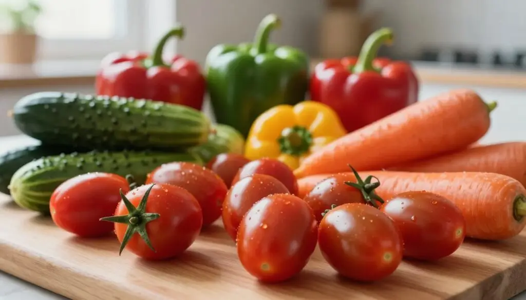 A vibrant display of cherry tomatoes arranged in an eye-catching manner in the foreground, showcasing their glossy, red surface and unique shape. Surrounding them, a colorful variety of other vegetables such as cucumbers, bell peppers, and carrots, each cut into appealing shapes to highlight their textures and colors. The middle of the image features a subtle wooden cutting board for a rustic feel, while the background consists of a neutral kitchen setting with soft natural lighting filtering through a window, creating a warm and inviting atmosphere. The angle captures the layers of vegetables from a slightly elevated perspective, focusing on the nutritious aspects of cherry tomatoes in comparison, inviting viewers to explore their caloric content. The overall mood is fresh and informative.