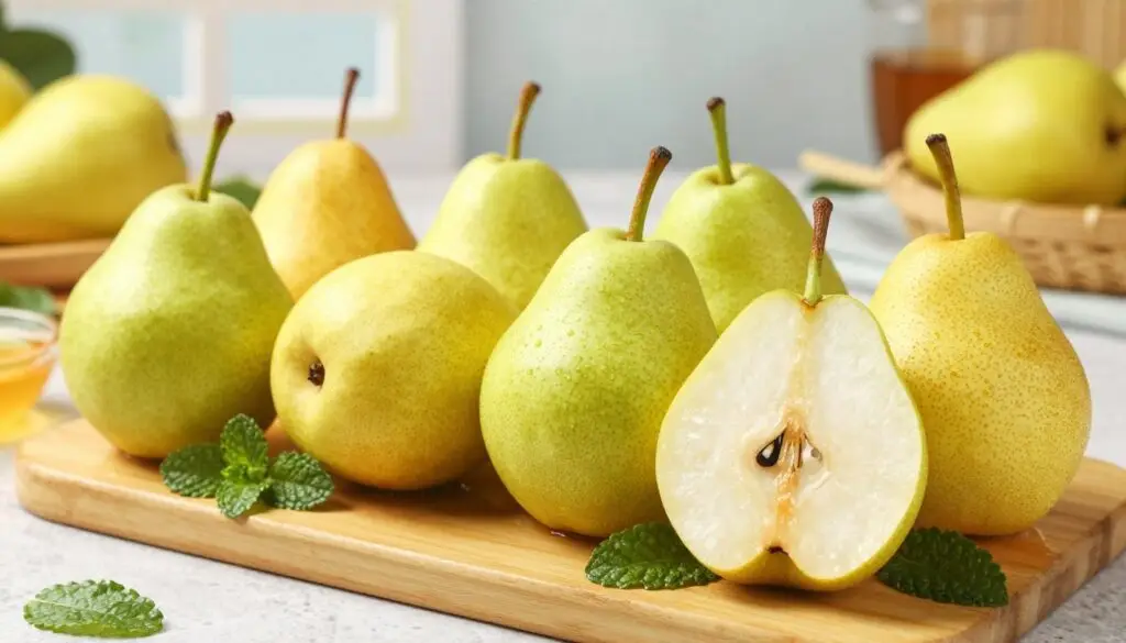 A vibrant display of various pear varieties, specifically focusing on the Conference pear, Klapsa, and Komisówki. In the foreground, showcase a sliced Conference pear, revealing its juicy flesh and texture, alongside whole pears in different hues ranging from rich green to golden yellow. In the middle ground, arrange an elegant wooden cutting board adorned with sprigs of mint and a small bowl of honey, suggesting culinary uses. The background should feature a softly blurred kitchen setting with warm, natural lighting filtering through a window, creating an inviting atmosphere. The image should evoke a sense of freshness and highlight the culinary versatility of pears without any text, ensuring a polished, professional look suited for a food-related article. A vibrant display of various pear varieties, specifically focusing on the Conference pear, Klapsa, and Komisówki. In the foreground, showcase a sliced Conference pear, revealing its juicy flesh and texture, alongside whole pears in different hues ranging from rich green to golden yellow. In the middle ground, arrange an elegant wooden cutting board adorned with sprigs of mint and a small bowl of honey, suggesting culinary uses. The background should feature a softly blurred kitchen setting with warm, natural lighting filtering through a window, creating an inviting atmosphere. The image should evoke a sense of freshness and highlight the culinary versatility of pears without any text, ensuring a polished, professional look suited for a food-related article.