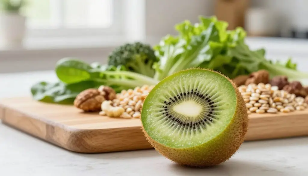 A vibrant, fresh kiwi placed prominently in the foreground, sliced in half to reveal its bright green interior with tiny black seeds. Surrounding the kiwi, a variety of healthy foods like leafy greens, nuts, and whole grains are artistically arranged to suggest a balanced, reduced-calorie diet. The middle ground features a simple, elegant wooden cutting board, adding warmth to the scene. In the background, soft, natural lighting floods in from a nearby window, creating a bright and inviting kitchen atmosphere. The mood is healthy and energetic, encouraging a sense of well-being and nutrition. The composition captures the essence of incorporating kiwi into a healthy eating regimen, with a focus on freshness and vitality.
