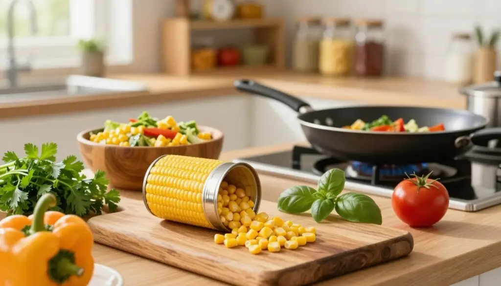 A vibrant, inviting kitchen scene showcasing canned corn as the focal point. In the foreground, a can of golden sweet corn opened with some kernels spilling onto a rustic wooden cutting board. Surrounding the can, fresh herbs like parsley and basil, along with a few bell peppers and tomatoes, suggesting possible recipes. In the middle ground, a wooden bowl containing a colorful salad with chopped corn, while a frying pan with sautéed vegetables waits on the stove. The background features soft-focus kitchen shelves stocked with spices and grains, illuminated by warm, natural light pouring through a nearby window. The atmosphere is cozy and welcoming, evoking a sense of creativity and practicality in cooking.