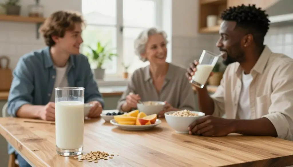 A vibrant kitchen scene featuring a diverse group of people enjoying oat milk in various ways. In the foreground, a tall glass of creamy oat milk with a few oats scattered nearby. In the middle ground, two adults, one Caucasian and one Black, dressed in casual, professional attire, engaged in a friendly conversation over breakfast, with bowls of oatmeal and fruits in front of them. In the background, soft natural light streams in through a window, illuminating the kitchen's warm wooden tones, with plants on the windowsill for a refreshing atmosphere. The mood is inviting and healthy, representing the benefits of oat milk in a balanced diet.
