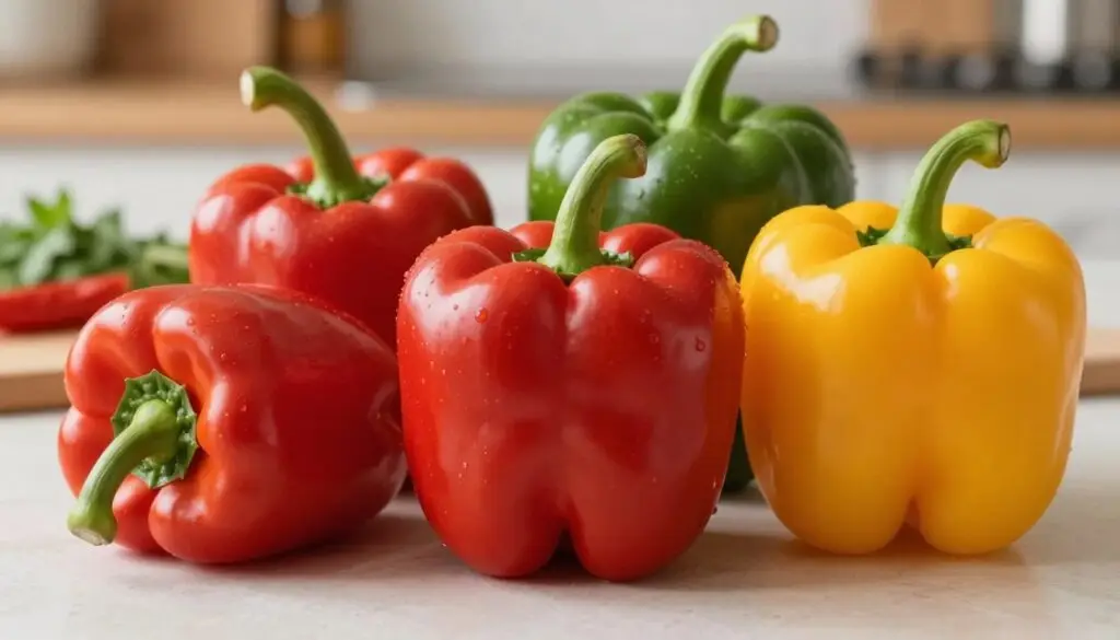 A vibrant still life composition showcasing various types of colorful bell peppers in the foreground, with a focus on their rich textures, shiny surfaces, and fresh, vibrant colors of red, yellow, and green. The background features subtle blurred kitchen elements, such as a cutting board and herbs, creating a warm, inviting atmosphere. Soft, natural lighting enhances the freshness of the peppers, casting gentle shadows. A low-angle perspective emphasizes the peppers' height and form, while the overall mood is healthy and energetic, perfect for illustrating the health benefits of incorporating bell peppers into a regular diet.