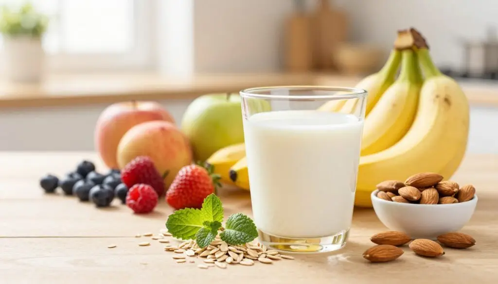 A vibrant still life showcasing the health benefits of oat milk. In the foreground, a clear glass filled with creamy oat milk sits on a wooden table, surrounded by fresh oats, a small bowl of almonds, and a sprig of mint. In the middle ground, a selection of colorful fruits like bananas and berries are artfully arranged, emphasizing the nutrient-rich profile of oat milk. The background features a sunlit kitchen with soft natural light streaming through a window, creating a warm and inviting atmosphere. The composition should evoke a sense of wellness and vitality, with a focus on fresh, natural ingredients. Capture this scene with a soft focus for a dreamy effect, using a shallow depth of field to highlight the oat milk and its associated benefits.