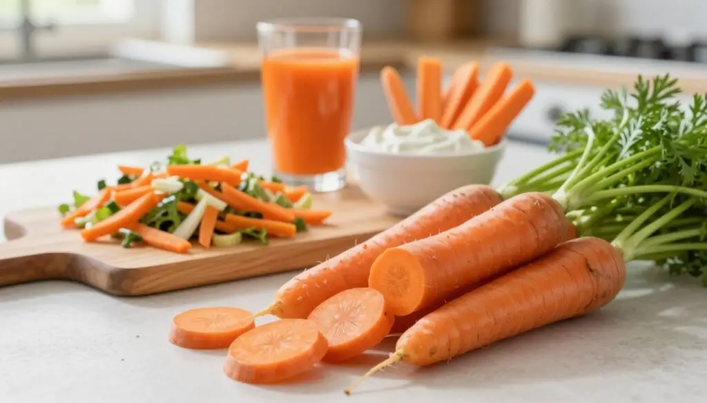 A vibrant still life showcasing the health benefits of regular carrot consumption. In the foreground, a fresh bunch of organic, brightly colored carrots with lush green tops, some sliced to reveal their rich orange interior. In the middle, a wooden cutting board displays carrot-based dishes like a colorful salad, juiced carrots in a clear glass, and a bowl of carrot sticks with a healthy dip. The background features a sunlit kitchen setting with soft, natural lighting that highlights the freshness of the ingredients. Use a shallow depth of field to blur the background slightly, creating an inviting and wholesome atmosphere that emphasizes the nutritious qualities of carrots. The mood is bright, cheerful, and health-focused, evoking a sense of well-being and vitality.