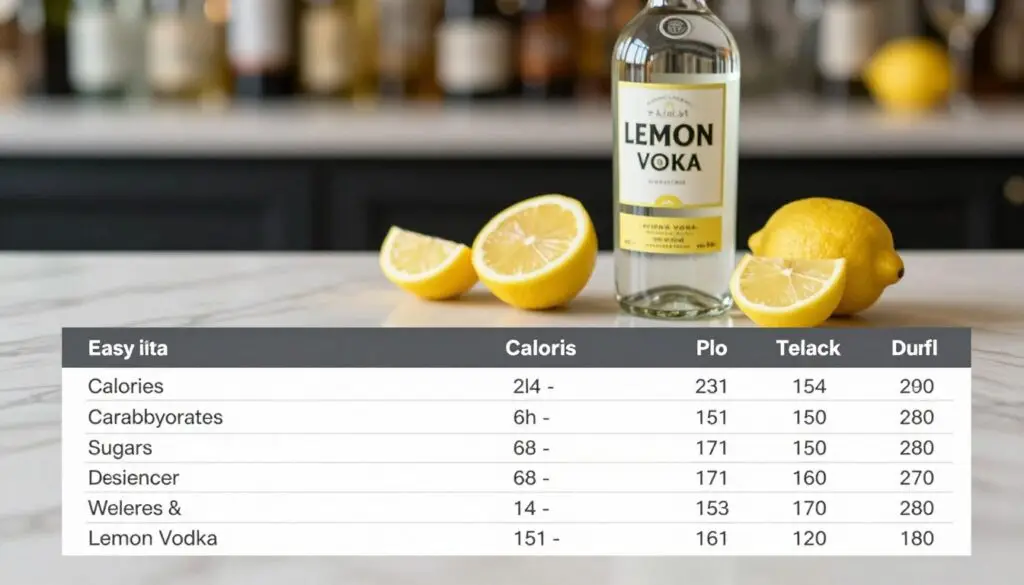 A visually appealing and informative nutritional table showcasing the nutritional values and calorie content of lemon vodka. The foreground should feature a well-organized, easy-to-read table with sections for calories, carbohydrates, sugars, and other nutrients, presented in a clean, modern design. The middle ground should include refreshing imagery of lemon slices and a bottle of lemon vodka to emphasize the subject. In the background, a soft-focus bar setting lends an inviting atmosphere, with warm lighting that enhances the colors of the table and the lemon vodka. The image should have a professional composition, captured from a slightly elevated angle to ensure clarity and focus on the table while conveying a sense of sophistication and enjoyment.