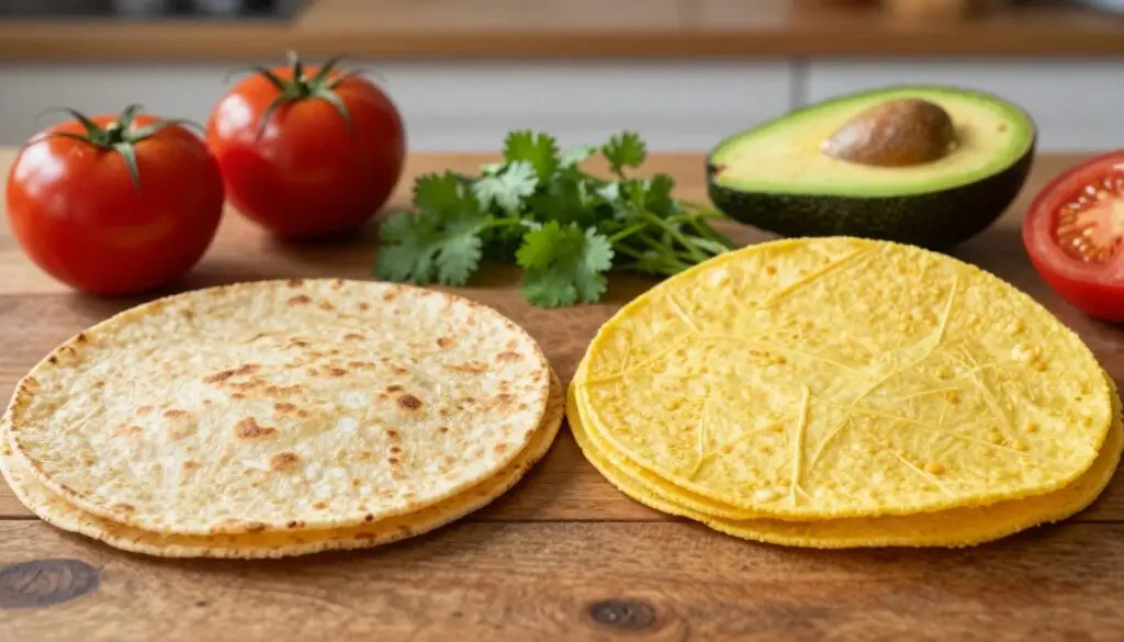 A visually appealing comparison of wheat tortillas and corn tortillas displayed side by side on a rustic wooden table. In the foreground, focus on a golden-brown wheat tortilla and a vibrant yellow corn tortilla, each with texture details showcasing their unique surfaces. In the middle, show fresh ingredients like tomatoes, avocados, and cilantro, artistically arranged to suggest possible fillings. The background features a soft-focus kitchen setting with warm, natural lighting illuminating the tortillas, creating a cozy atmosphere. Use a slightly overhead angle to capture the entire spread, highlighting the colors and textures. The mood is inviting and educational, perfect for illustrating a culinary article without any text elements.