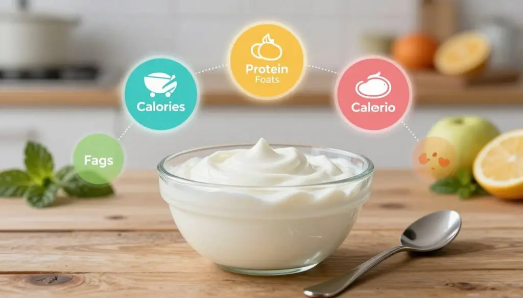 A visually appealing depiction of the nutritional values of natural yogurt. In the foreground, an elegant glass bowl filled with creamy, white natural yogurt sits atop a rustic wooden table, alongside a spoon elegantly resting on the edge. In the middle ground, colorful infographics display key nutrition facts such as calories, protein, fats, and probiotics, artistically arranged around the bowl. The background features a soft-focus kitchen setting with gentle, warm lighting, highlighting fresh fruits and herbs nearby to convey healthiness. The overall mood is inviting and wholesome, encouraging health and wellness. Ensure there are no text overlays or branding present.