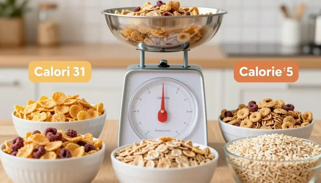 A visually appealing infographic-style image comparing the calorie content of various breakfast cereals. In the foreground, display several bowls of different cereals, such as cornflakes, oats, granola, and rice puffs, each filled to different levels. The middle ground should feature a sleek scale or measuring cup to emphasize the concept of measurement, alongside vibrant labels in bold fonts showing their respective calorie counts. In the background, create a soft kitchen setting with warm lighting, hinting at an inviting breakfast environment. The mood should be informative yet engaging, allowing readers to easily grasp the comparison of calorie content at a glance, with a clear and organized layout. Avoid any textual elements or distractions. A visually appealing infographic-style image comparing the calorie content of various breakfast cereals. In the foreground, display several bowls of different cereals, such as cornflakes, oats, granola, and rice puffs, each filled to different levels. The middle ground should feature a sleek scale or measuring cup to emphasize the concept of measurement, alongside vibrant labels in bold fonts showing their respective calorie counts. In the background, create a soft kitchen setting with warm lighting, hinting at an inviting breakfast environment. The mood should be informative yet engaging, allowing readers to easily grasp the comparison of calorie content at a glance, with a clear and organized layout. Avoid any textual elements or distractions.