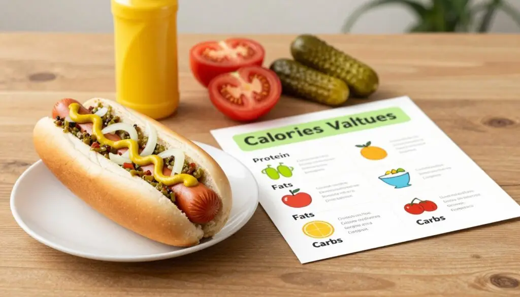 A visually appealing, informative illustration showcasing the nutritional value of a hot dog, set on a wooden tabletop. In the foreground, a delicious hot dog in a soft bun, garnished with fresh onions, mustard, and relish, is placed on a small white plate. Beside it, a colorful infographic detailing nutritional information like calories, protein, fats, and carbs, with vibrant icons representing each nutrient. In the middle background, ingredients like a bottle of mustard, sliced tomatoes, and pickles are artistically arranged. Soft, natural lighting bathes the scene, creating a warm and inviting atmosphere. The lens captures a slight overhead angle, emphasizing the hot dog and infographic while maintaining focus on the delicious details. The mood is educational yet appetizing, perfect for conveying the nutritional aspects of a hot dog.